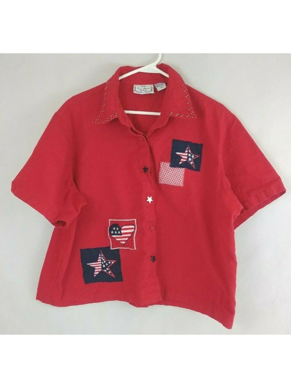 Sara Studio Woman Patriotic Short Sleeve Red Blouse With Star Buttons Size 3X
